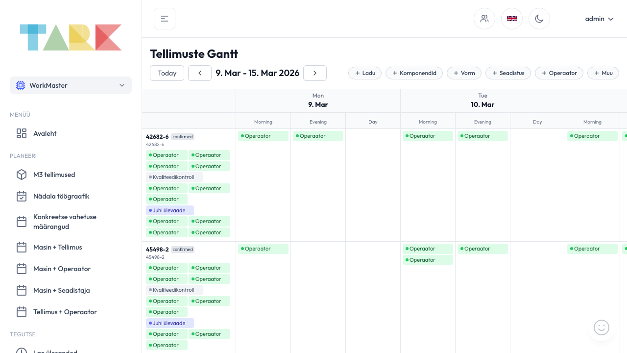 Tark order Gantt planning board